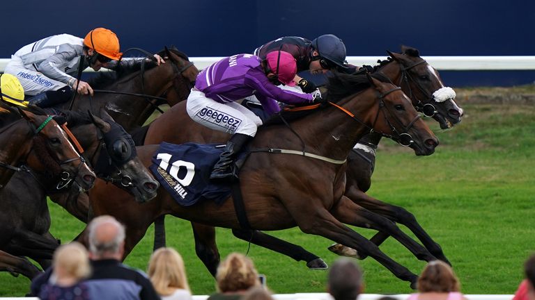 Achillea ridden by Marco Ghiani (10) wins the William Hill Pick Your Places Racing League Race 3 Handicap at Great Yarmouth 