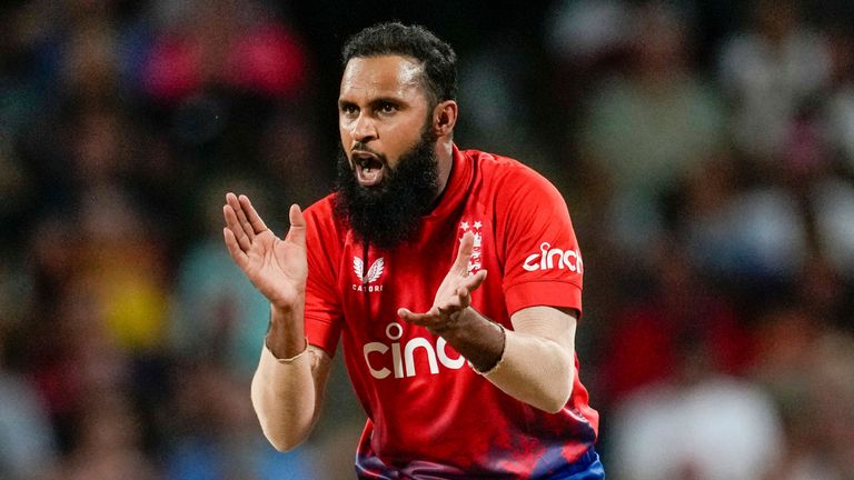 England&#39;s bowler Adil Rashid..fields against West Indies&#39; during the first T20 cricket match at Kensington Oval in Bridgetown, Barbados, Tuesday, Dec. 12, 2023. (AP Photo/Ricardo Mazalan)