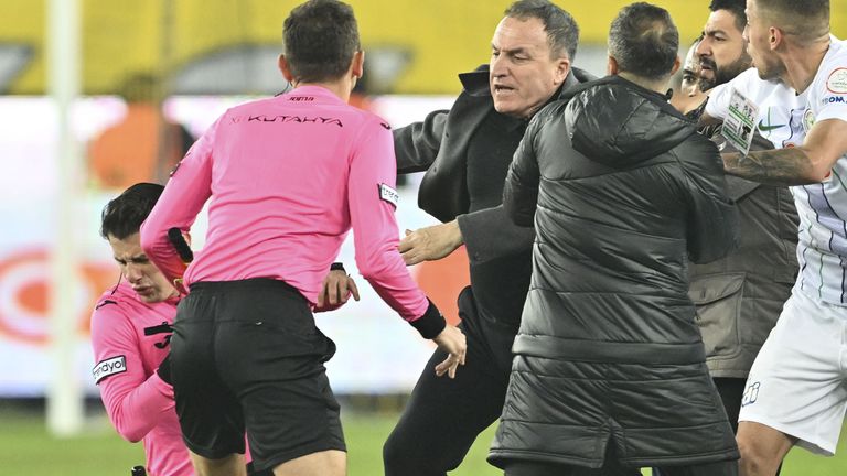 Faruk Koca, President of MKE Ankaragucu throws a punch to the referee Halil Umut Meler after the Turkish Super Lig week 15 football match between MKE Ankaragucu and Rizespor at Eryaman Stadium in Ankara, Turkiye on December 11, 2023