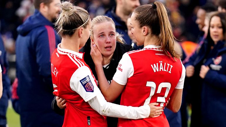 Mead pictured with team-mates Steph Catley and Lia Walti after Arsenal beat Chelsea to the Conti Cup