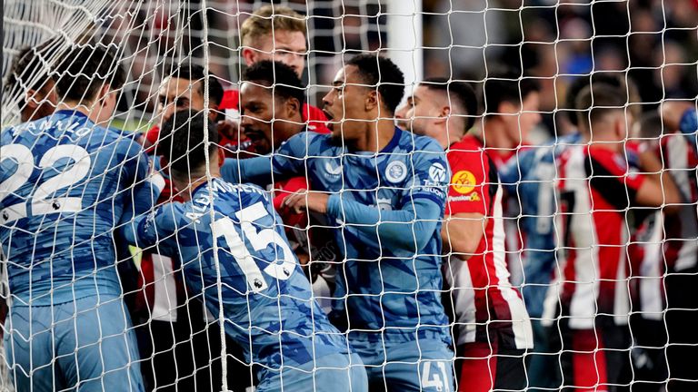 Tempers flare between Villa and Brentford players after Ollie Watkins puts Villa in front