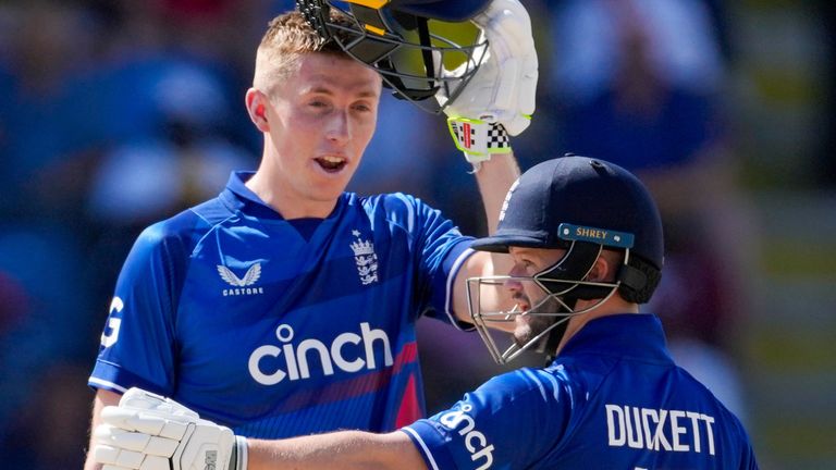 England&#39;s Ben Duckett..talks to teammate Zak Crawley..during their first ODI cricket match against West Indies at Sir Vivian Richards Stadium in North Sound, Antigua and Barbuda, Sunday, Dec. 3, 2023. (AP Photo/Ricardo Mazalan) 