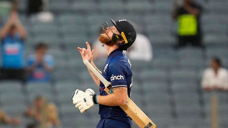 England&#39;s Ben Stokes celebrates his first World Cup century against Netherlands