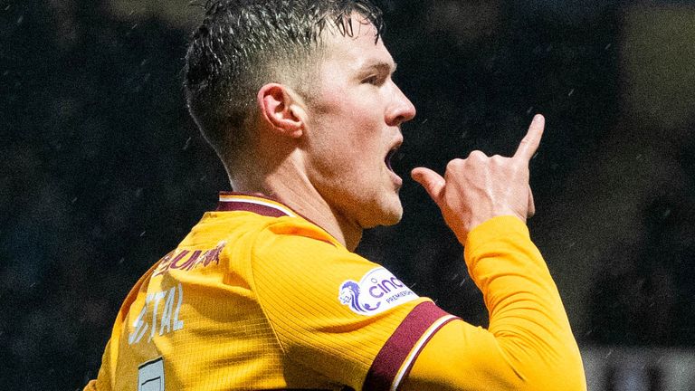 MOTHERWELL, SCOTLAND - DECEMBER 30: Motherwell&#39;s Blair Spittal celebrates scoring to make it 1-0 during a cinch Premiership match between Motherwell and Livingston at Fir Park, on December 30, 2023, in Motherwell, Scotland. (Photo by Paul Devlin / SNS Group)