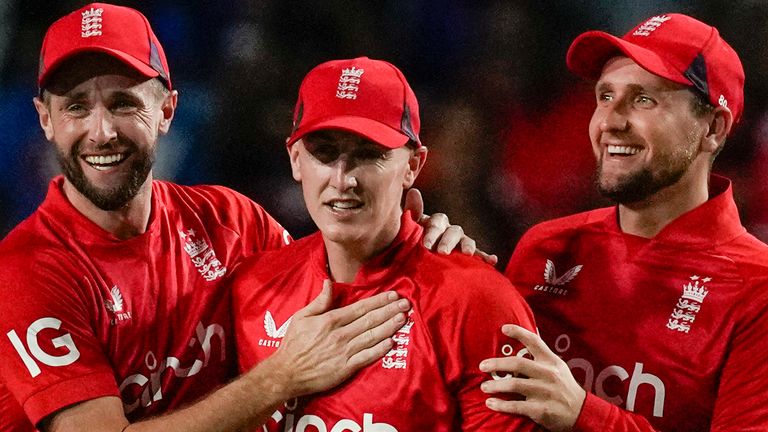 Teammates congratulate England&#39;s Harry Brook for taking the catch to dismiss West Indies&#39; Nicholas Pooran..during the fourth T20 cricket match at Brian Lara Stadium in Tarouba, Trinidad and Tobago, Tuesday, Dec. 19, 2023. (AP Photo/Ricardo Mazalan)