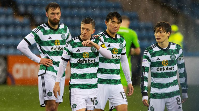 KILMARNOCK, SCOTLAND - DECEMBER 10: Celtic&#39;s Nat Phillips, Callum McGregor, Yang Hyun-Jun. and Kyogo Furuhashi, during a cinch Premiership match between Kilmarnock and Celtic at Rugby Park, on December 10, 2023, in Kilmarnock, Scotland. (Photo by Craig Williamson / SNS Group)