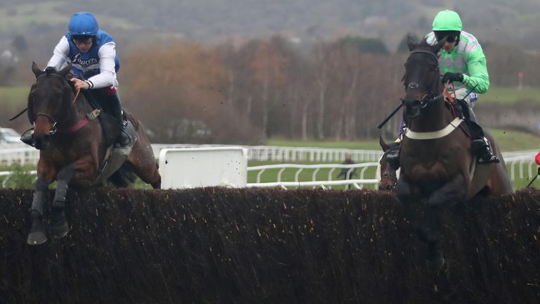 Cepage ridden by Charlie Deutsch (left) jumps the last before winning the Unibet Middle Distance Chase Series Veterans&#39; Handicap Chase during day one of the The Christmas Meeting at Cheltenham