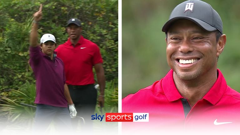 Tiger Woods could not contain his joy after his son Charlie sank this spectacular chip-in for a birdie at the PNC Championship