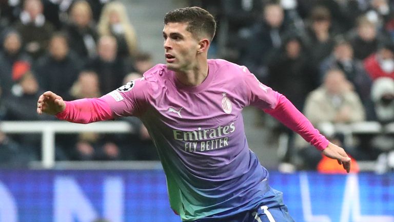 AC Milan&#39;s Christian Pulisic celebrates after scoring his side&#39;s first goal vs Newcastle United