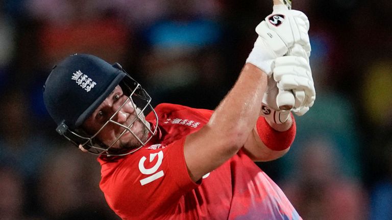 England&#39;s Liam Livingstone..hits a four from a delivery of West Indies&#39; Alzarri Joseph during the first T20 cricket match at Kensington Oval in Bridgetown, Barbados, Tuesday, Dec. 12, 2023. (AP Photo/Ricardo Mazalan)