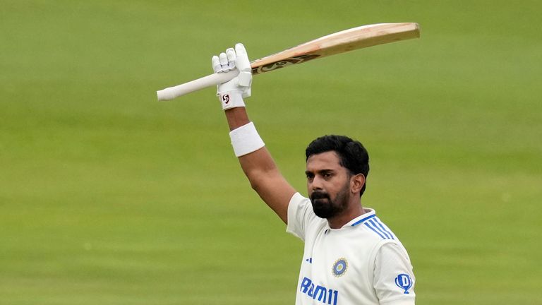 India&#39;s KL Rahul celebrates after reaching a century against South Africa on the second day of the first Test match