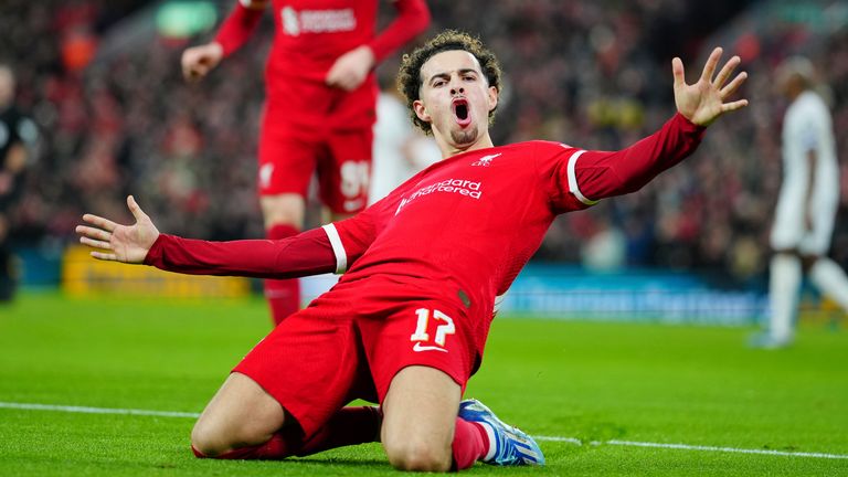 Liverpool&#39;s Curtis Jones celebrates scoring his side&#39;s fifth goal 