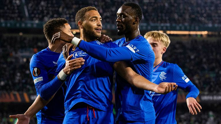 Rangers&#39; Cyriel Dessers celebrates with Abdallah Sima as he scores to make it 2-1 vs Real Betis