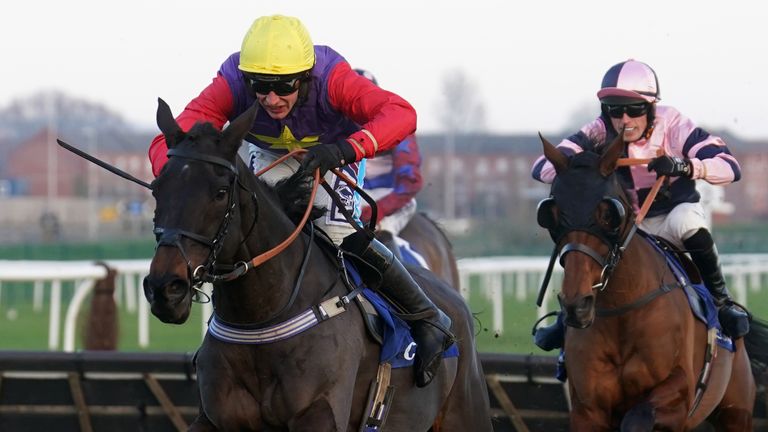 Dashel Drasher ridden by Rex Dingle coming home to win the Coral Long Distance Hurdle on Coral Long Distance Hurdle Day at Newbury 