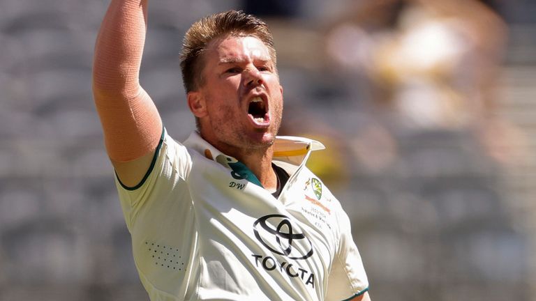 David Warner celebrates his century for Australia against Pakistan in Perth (Associated Press)