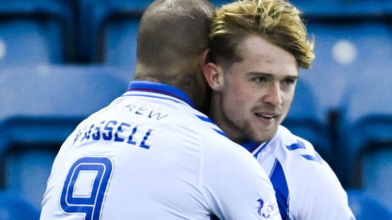 KILMARNOCK, SCOTLAND - DECEMBER 23: Kilmarnock&#39;s dAVID Watson (right) celebrates with Kyle Vassell after scoring to make it 1-0 during a cinch Premiership match between Kilmarnock and St Johnstone at Rugby Park, on December 23, 2023, in Kilmarnock, Scotland. (Photo by Rob Casey / SNS Group)