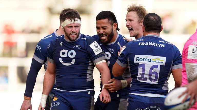 Sam Dugdale celebrates scoring Sale Sharks' third try in their Champions Cup win over Stade Francais 