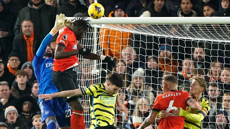 Luton Town&#39;s Elijah Adebayo scores their second goal of the game after a mistake by David Raya