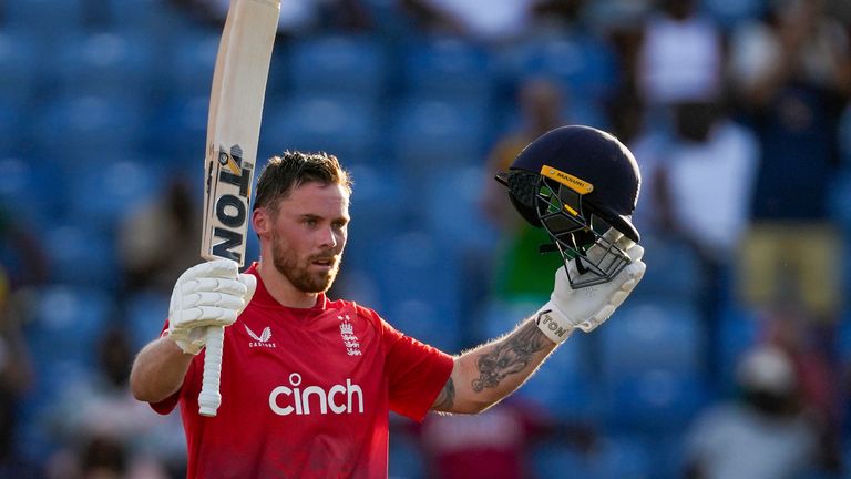 England&#39;s Phil Salt celebrates his first IT20 century against the West Indies