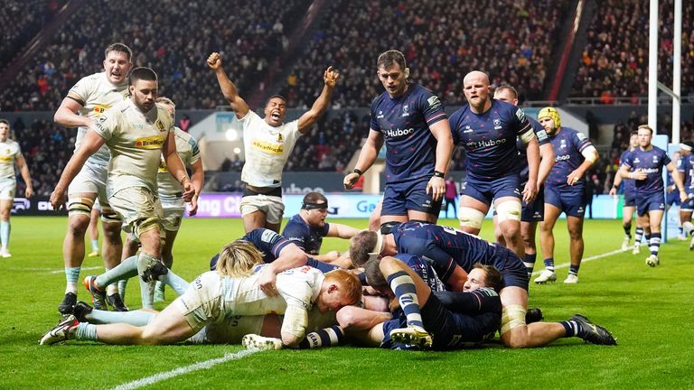 Exeter Chiefs' Jacques Vermeulen scores a try during the Gallagher Premiership match at Ashton Gate against Bristol Bears