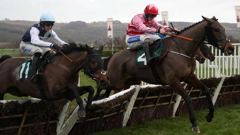 Go Dante ridden by Sean Bowen jumps the last before winning the Catesby Estates Handicap Hurdle during day one of the The Christmas Meeting at Cheltenham 