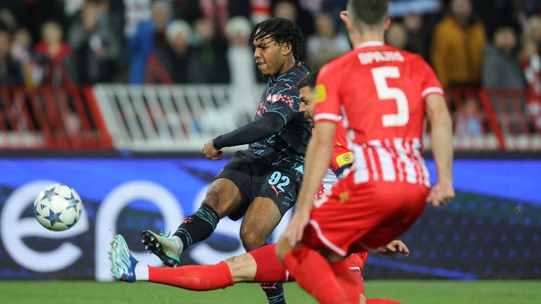 Manchester City&#39;s English midfielder #92 Micah Hamilton (L) scores his team&#39;s first goal during the UEFA Champions League Group G day 6 group stage football match between Crvena Zvezda (Red Star Belgrade) and Manchester City at the Red Star stadium in Belgrade, on December 13, 2023. (Photo by PEDJA MILOSAVLJEVIC / AFP)