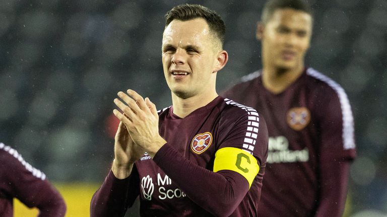 KILMARNOCK, SCOTLAND - DECEMBER 02: Hearts&#39; Lawrence Shankland at full time after a cinch Premiership match between Kilmarnock and Heart of Midlothian at Rugby Park, on December 02, 2023, in Kilmarnock, Scotland. (Photo by Alan Harvey / SNS Group)