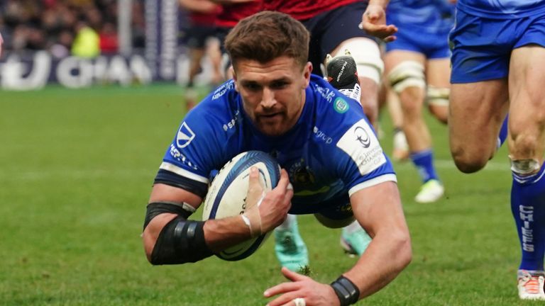 Henry Slade dives over to score a decisive try