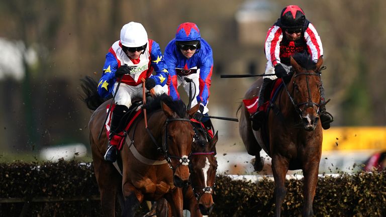 Insurrection ridden by Harry Cobden (left) ahead of eventual winner Deafening Silence ridden by Harry Cobden (right) during the Betfair Beacons Winter Novices&#39; Hurdle during day one of The Betfair Tingle Creek Festival at Sandown Park