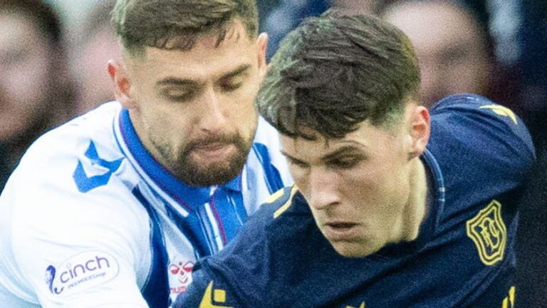 KILMARNOCK, SCOTLAND - DECEMBER 30: Dundee&#39;s Josh Mulligan and Kilmarnock&#39;s Robbie Deas in action during a cinch Premiership match between Kilmarnock and Dundee at Rugby Park, on December 30, 2023, in Kilmarnock, Scotland. (Photo by Craig Brown / SNS Group)