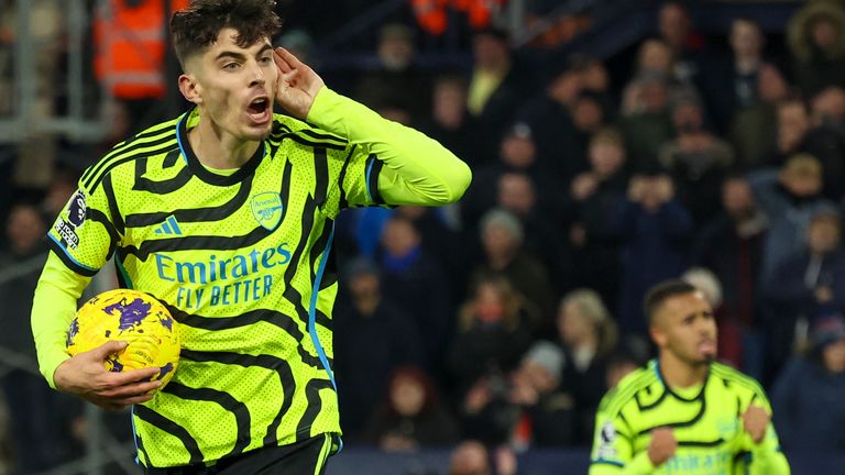 Arsenal&#39;s Kai Havertz celebrates after scoring his side&#39;s third goal (AP)