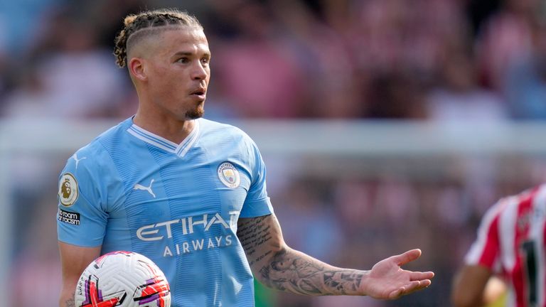 Manchester City&#39;s Kalvin Phillips reacts during the English Premier League soccer match between Brentford and Manchester City at the Gtech Community Stadium in London, Sunday, May 28, 2023. (AP Photo/Kirsty Wigglesworth)