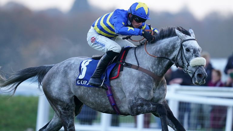 Kandoo Kid ridden by Harry Cobden coming home to win the Coral Racing Club Handicap Chase on Coral Long Distance Hurdle Day at Newbury 