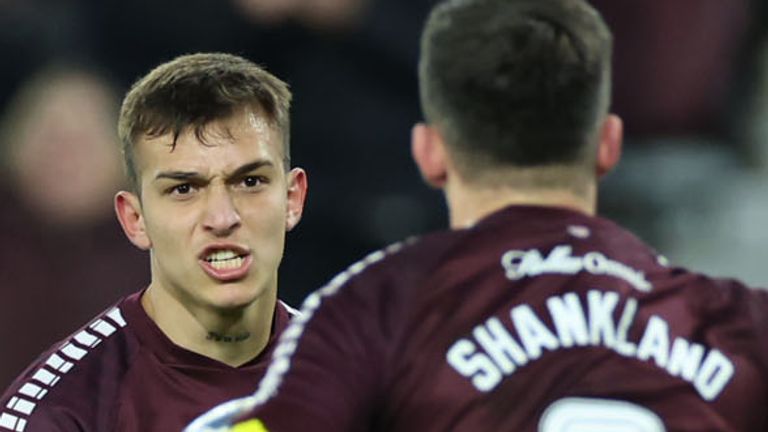 EDINBURGH, SCOTLAND - DECEMBER 30: Hearts&#39; Kenneth Vargas celebrates with Lawrence Shankland after making it 2-1 during a cinch Premiership match between Heart of Midlothian and Ross County at Tynecastle Park, on December 30, 2023, in Edinburgh, Scotland. (Photo by Roddy Scott / SNS Group)