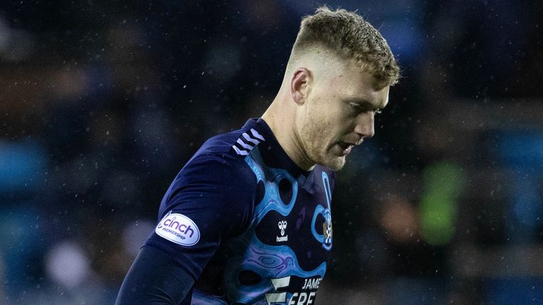 KILMARNOCK, SCOTLAND - DECEMBER 02: Kilmarnock&#39;s Will Dennis looks dejected at full time after a cinch Premiership match between Kilmarnock and Heart of Midlothian at Rugby Park, on December 02, 2023, in Kilmarnock, Scotland. (Photo by Alan Harvey / SNS Group)