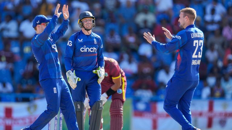 England&#39;s Liam Livingstone celebrates the dismissal of West Indies&#39; Brandon King during the first ODI cricket