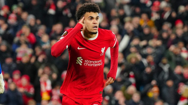 Liverpool&#39;s Luis Diaz celebrates scoring his side&#39;s opening goal