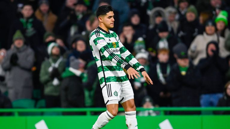 GLASGOW, SCOTLAND - DECEMBER 06: Celtic&#39;s Luis Palma celebrates after making it 3-0 during a cinch Premiership match between Celtic and Hibernian at Celtic Park, on December 06, 2023, in Glasgow, Scotland. (Photo by Rob Casey / SNS Group)