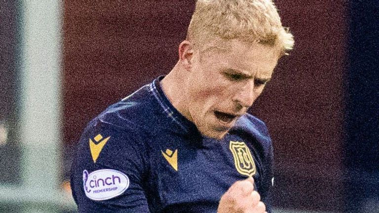 KILMARNOCK, SCOTLAND - DECEMBER 30: Dundee&#39;s Luke McCowan celebrates scoring to make it 1-0 during a cinch Premiership match between Kilmarnock and Dundee at Rugby Park, on December 30, 2023, in Kilmarnock, Scotland. (Photo by Craig Brown / SNS Group)