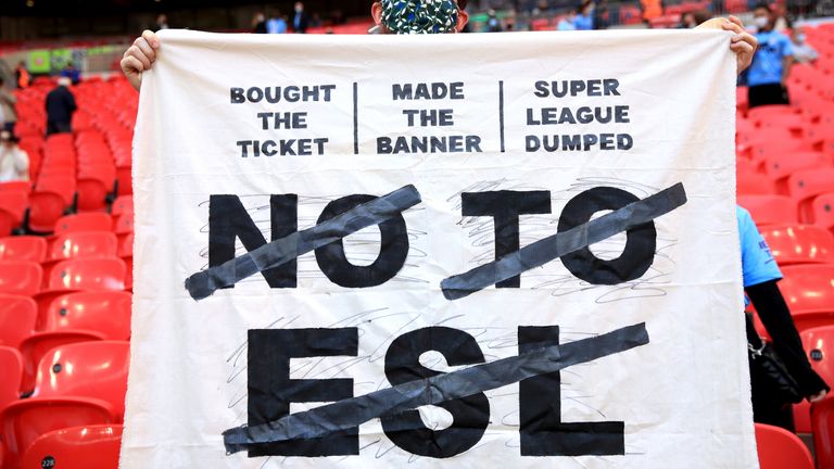 Manchester City v Tottenham Hotspur - Carabao Cup Final - Wembley Stadium
A fan in the stands holds up a banner protesting against the European Super League ahead of the Carabao Cup Final at Wembley Stadium, London. Picture date: Sunday April 25, 2021.