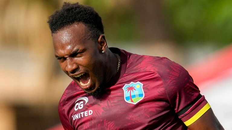 West Indies&#39; Matthew Forde celebrates dismissing England&#39;s Zak Crawley (Associated Press)