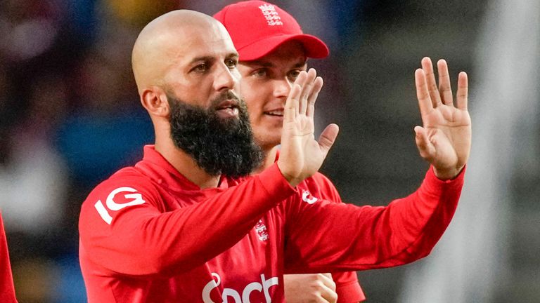 England&#39;s Moeen Ali..celebrates the dismissal on first ball of West Indies&#39; Brandon King..during the fourth T20 cricket match at Brian Lara Stadium in Tarouba, Trinidad and Tobago, Tuesday, Dec. 19, 2023. (AP Photo/Ricardo Mazalan)