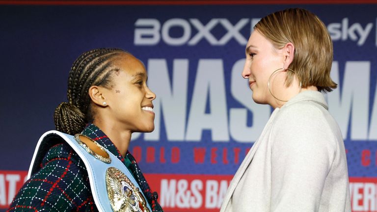 WOMANS IBF WORLD WELTERWEIGHT CHAMPIONSHIP PRESS CONFERENCE..ANDAZ HOTEL,.LIVERPOOL STREET,.LONDON.PIC;LAWRENCE LUSTIG.WORLD CHAMPION NATASHA JONAS AND CHALLENGER MIKAELA MAYER COME FACE TO FACE AS THEY ANNOUNCE THEIR CONTEST ON PROMOTER BEN SHALOM...S BOXXER PROMOTION AT LIVERPOOLS M&S ARENA ON SATURDAY JANUARY 20TH 2024 LIVE ON SKY SPORTS