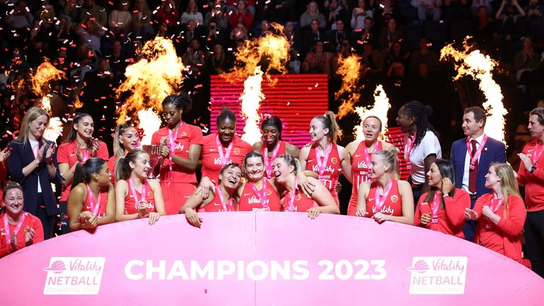 The Vitality Roses celebrate with the trophy at the end of a highest-selling home three-match Test series