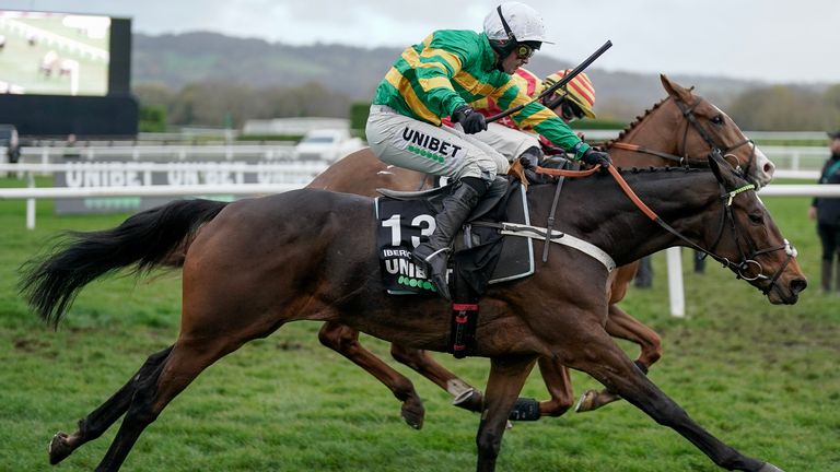 Nico de Boinville riding Iberico Lord (green) win The Unibet Greatwood Handicap Hurdle at Cheltenham