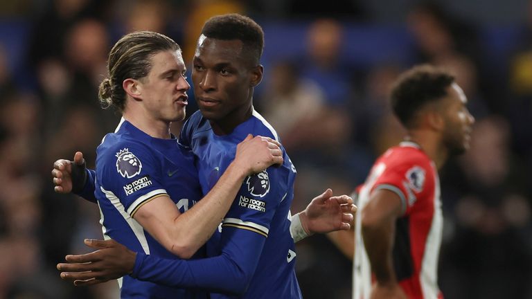 Chelsea&#39;s Nicolas Jackson celebrates with team-mate Conor Gallagher after scoring (AP)