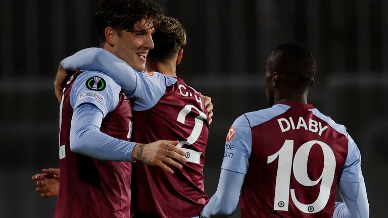 Aston Villa&#39;s Nicolo Zaniolo, left, celebrates after scoring his side&#39;s opening goal vs Zrinjski Mostar