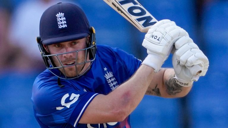 England&#39;s Phil Salt..plays a shot against West Indies during the first ODI cricket match at Sir Vivian Richards Stadium in North Sound, Antigua and Barbuda, Sunday, Dec. 3, 2023. (AP Photo/Ricardo Mazalan)