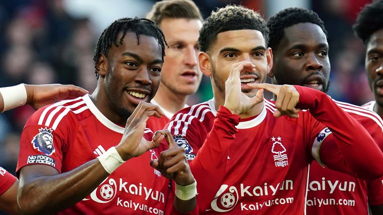 Anthony Elanga celebrates his goal with Morgan Gibbs-White