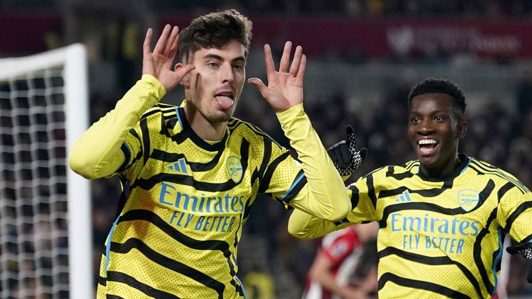 Kai Havertz celebrates after scoring a late winner for Arsenal at Brentford